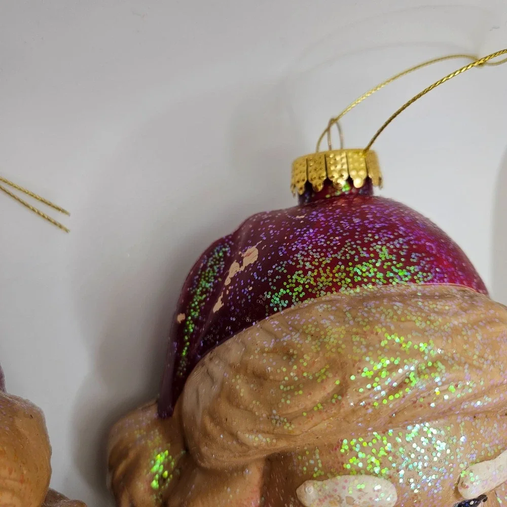 Vintage Santa Head Christmas Ornaments‎ Pair Glittered Mid Century Holiday Decor